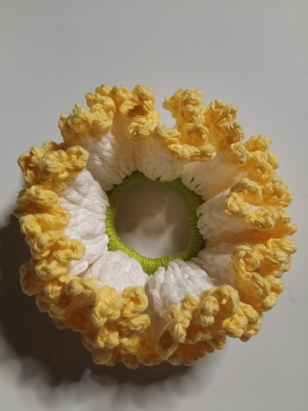 Hand-Crocheted White and Yellow Ruffled Hair Scrunchie with Green Center